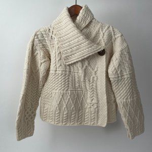 Carraig Donn Merino Wool Irish Aran Cable Knit Cardigan Sweater, Cream, Size S